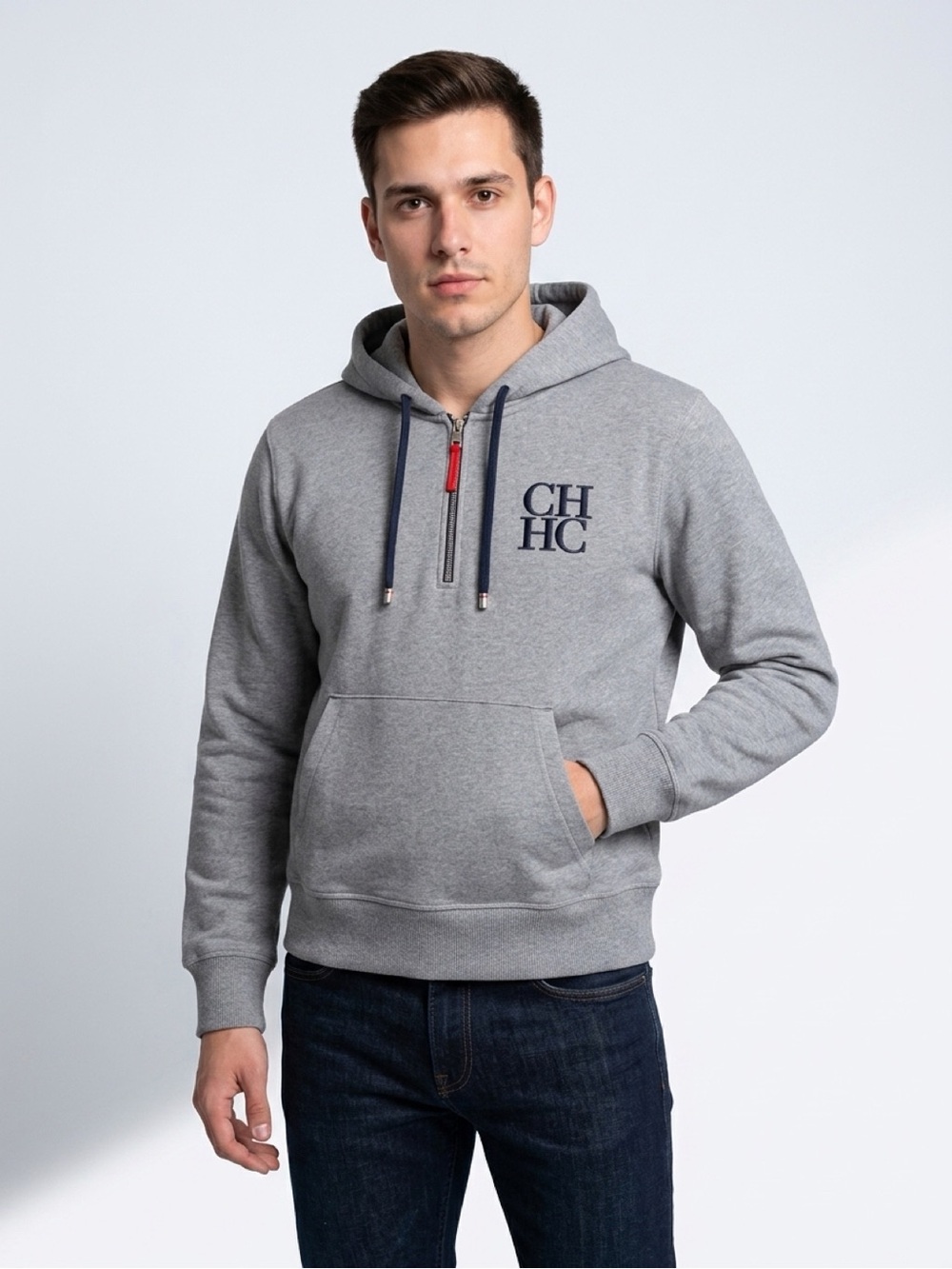 Carolina Herrera Gray Zip-Up Hoodie with Navy Logo